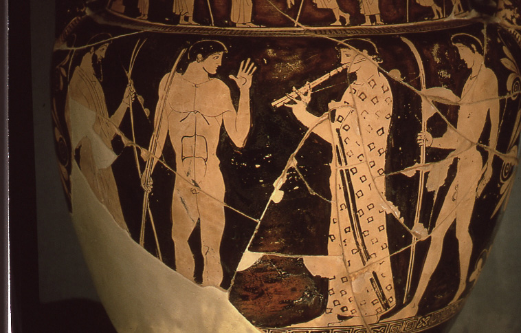 Lato A: Zeus affida alle ninfe il piccolo Dioniso. Lato B: un aulete introduce con la musica le prestazioni sportive di due atleti sotto lo sguardo del giudice di gara. (dettaglio)